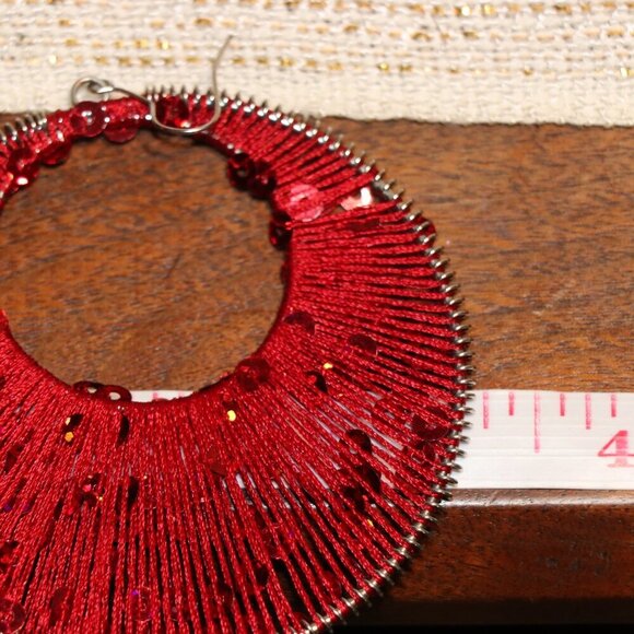 3" Silk Thread and Sequins Wrapped Extra Large Hoop Earrings - Picture 4 of 6